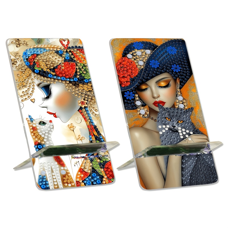 TEMU Support de téléphone de bureau pliable, kit de bricolage à strass, motif dame et chat, support de téléphone à peindre aux de cristal, support de