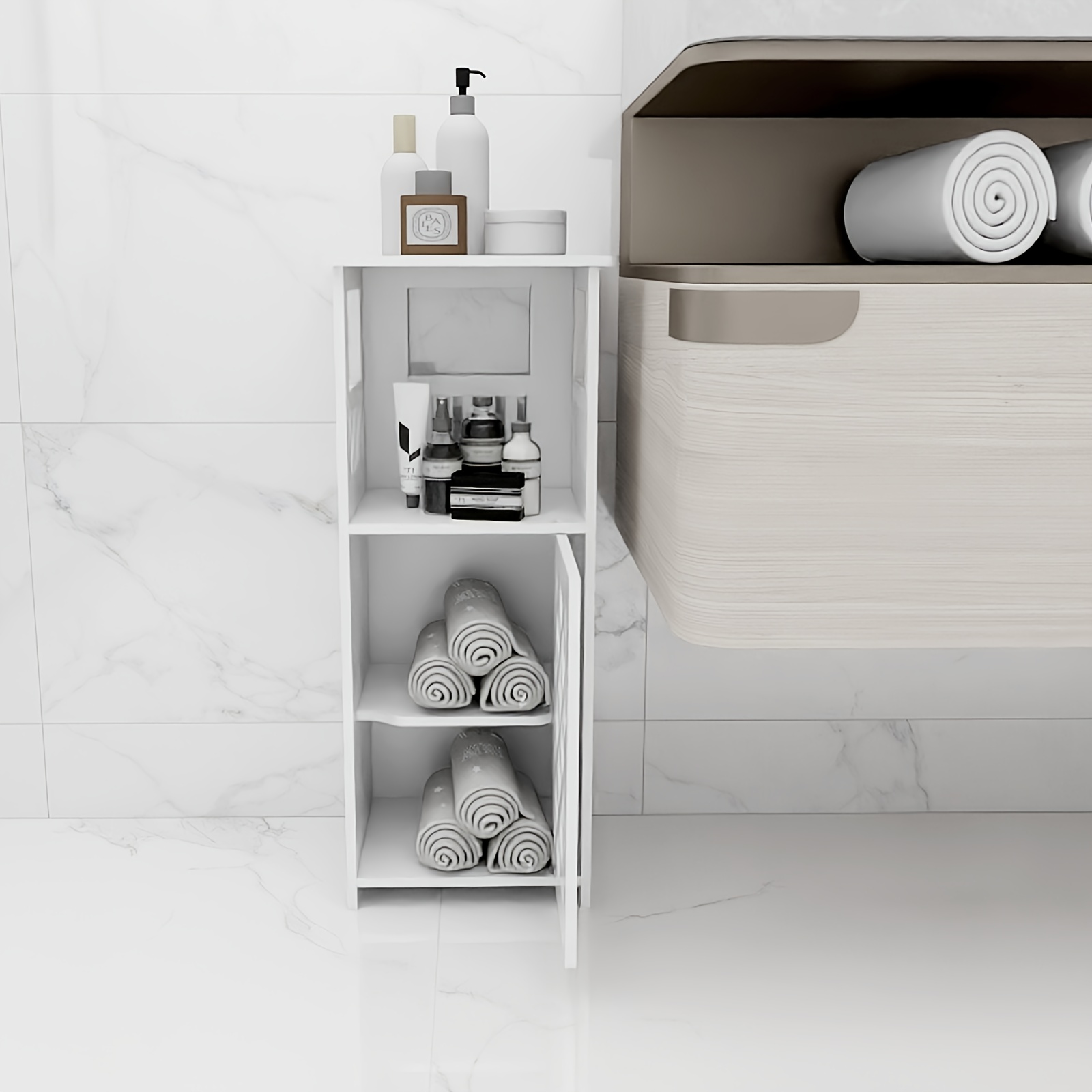 E-shop Weiße Aufbewahrungsmöbel inklusive Badezimmer-Schrank, WC-Schrank, schmaler Badezimmer-Schrank, Seitenschrank und Aufbewahrungsschrank mit den