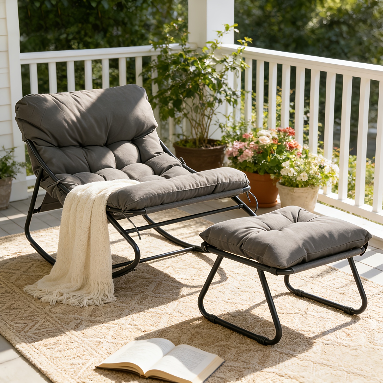 Image of Rocking Chair For Indoor And Outdoor Use, Ergonomic Rocking Chair, Rocking Lounger, Metal Relaxing Chair For Yard, Garden, Balcony, Load Of 160kg, Grey