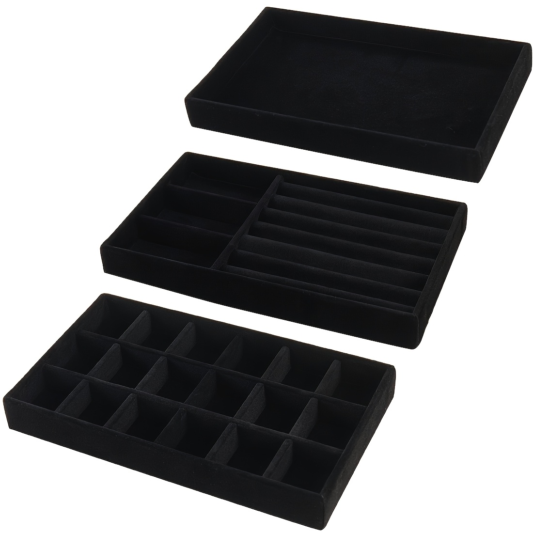 3pcs/set Elegant Black Jewelry Trays, Velvet, Stackable, For Necklace Earring Ring Display Rack, Drawer Jewelry Organizer