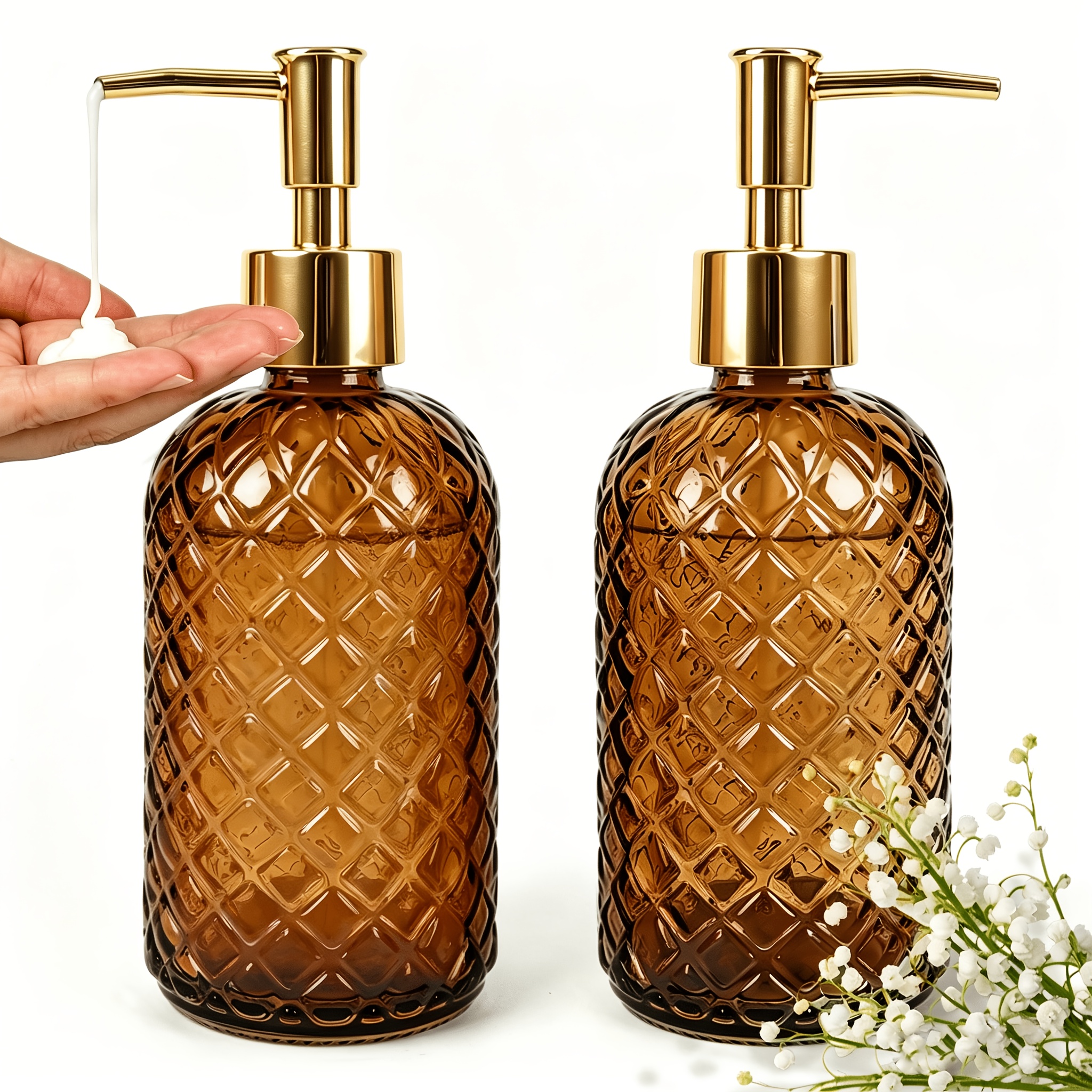 TEMU 2 Pack Glass Lattice Lotion Dispenser Bottles, Pineapple Grid Refillable Pump Bottle, Glass Empty Container, Leak Proof Reusable Design, Perfect