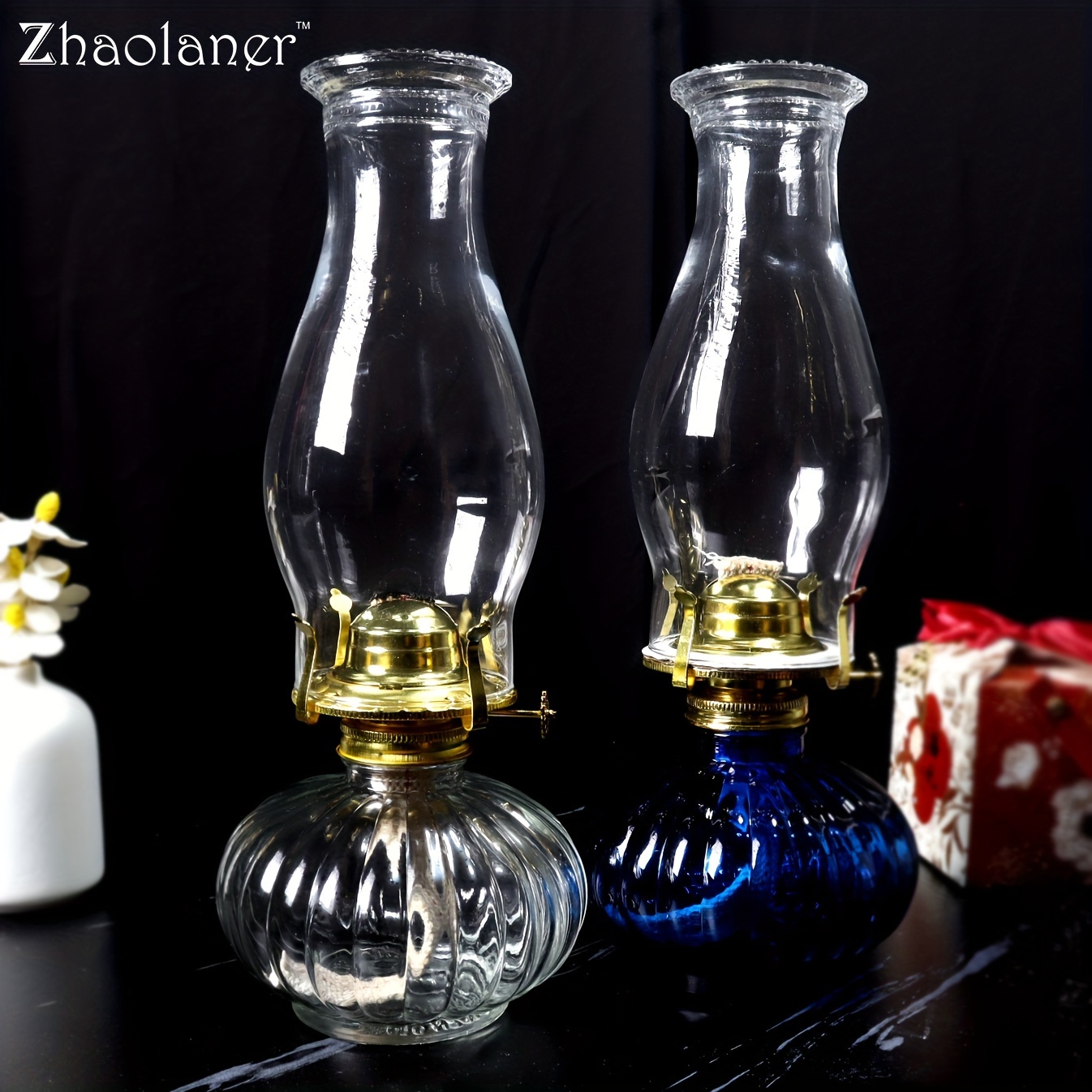 * Large Pumpkin-Shaped Glass Kerosene Lamp, Vintage Oil Lantern for Indoor  \u0026 Outdoor Atmosphere * Decor, No Electricity Required, Glass Material, image size:1346x1346