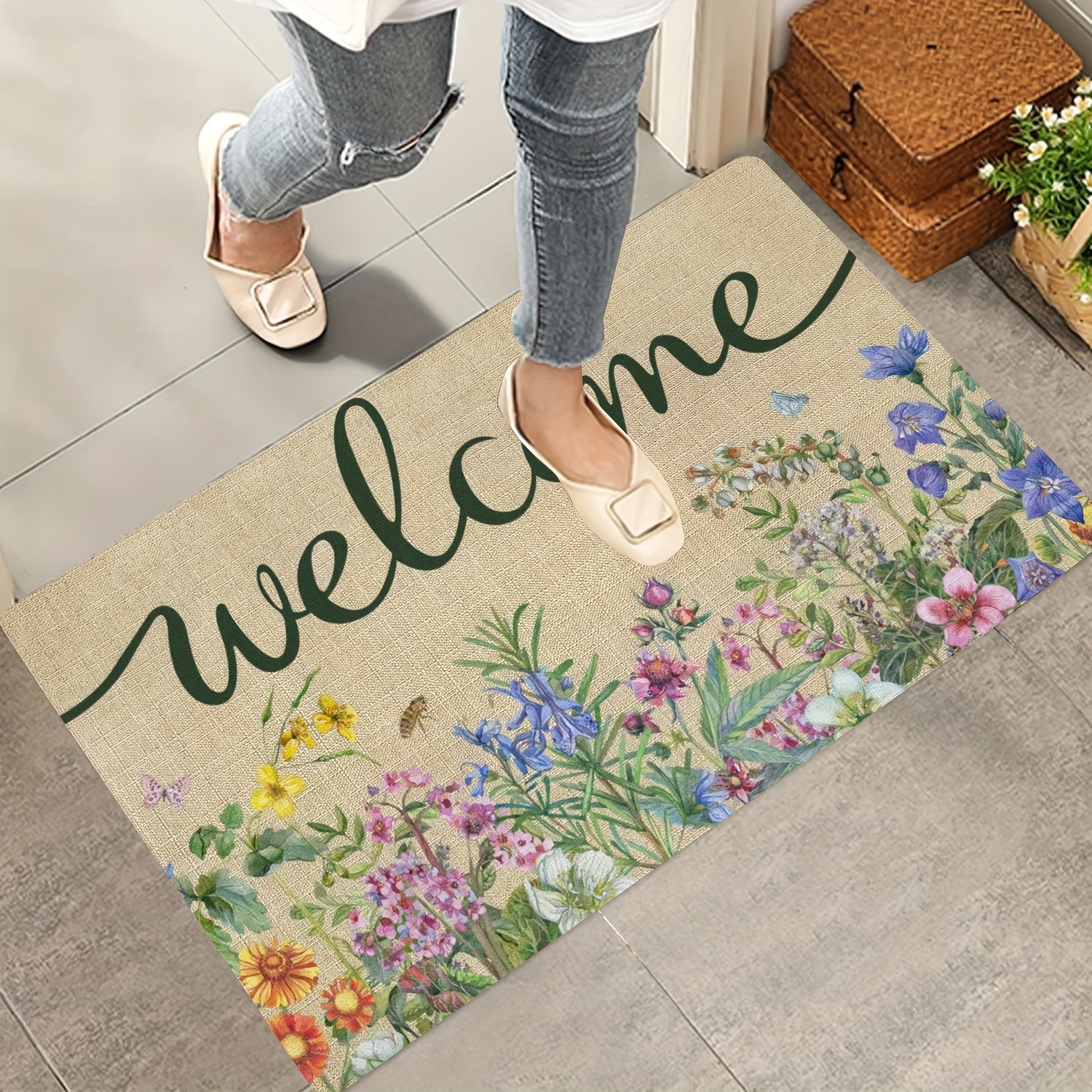 

Floral Welcome Doormat - Non-slip, Stain-resistant, Machine Washable For Indoor/outdoor Use - Home & Spring Decor