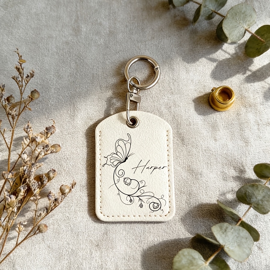 Custom Name Text Butterfly Keychain, Personalized Faux Leather Key Card Holder