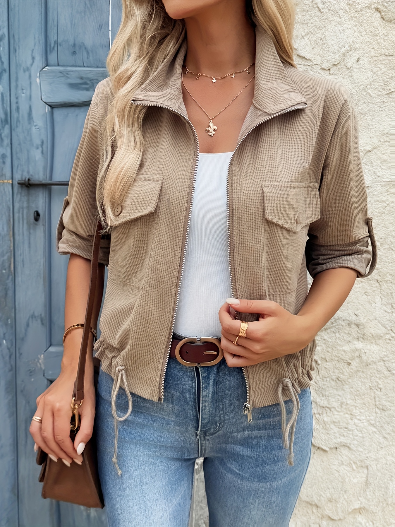 Summer Jacket Casual Spring Jacket Womens Women's Casual Beige Zip - Main Image