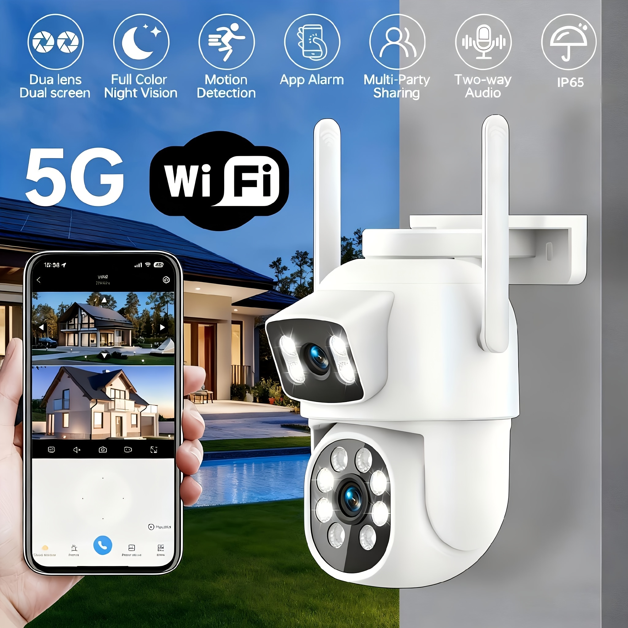 Surveillance Cameras Dual Lens, Pan-tilt 355° View Outdoor Security Cameras For , 2.4g/5ghz Wifi Cctv Camera With Color Night Vision, Auto Tracking, 2-way Talk