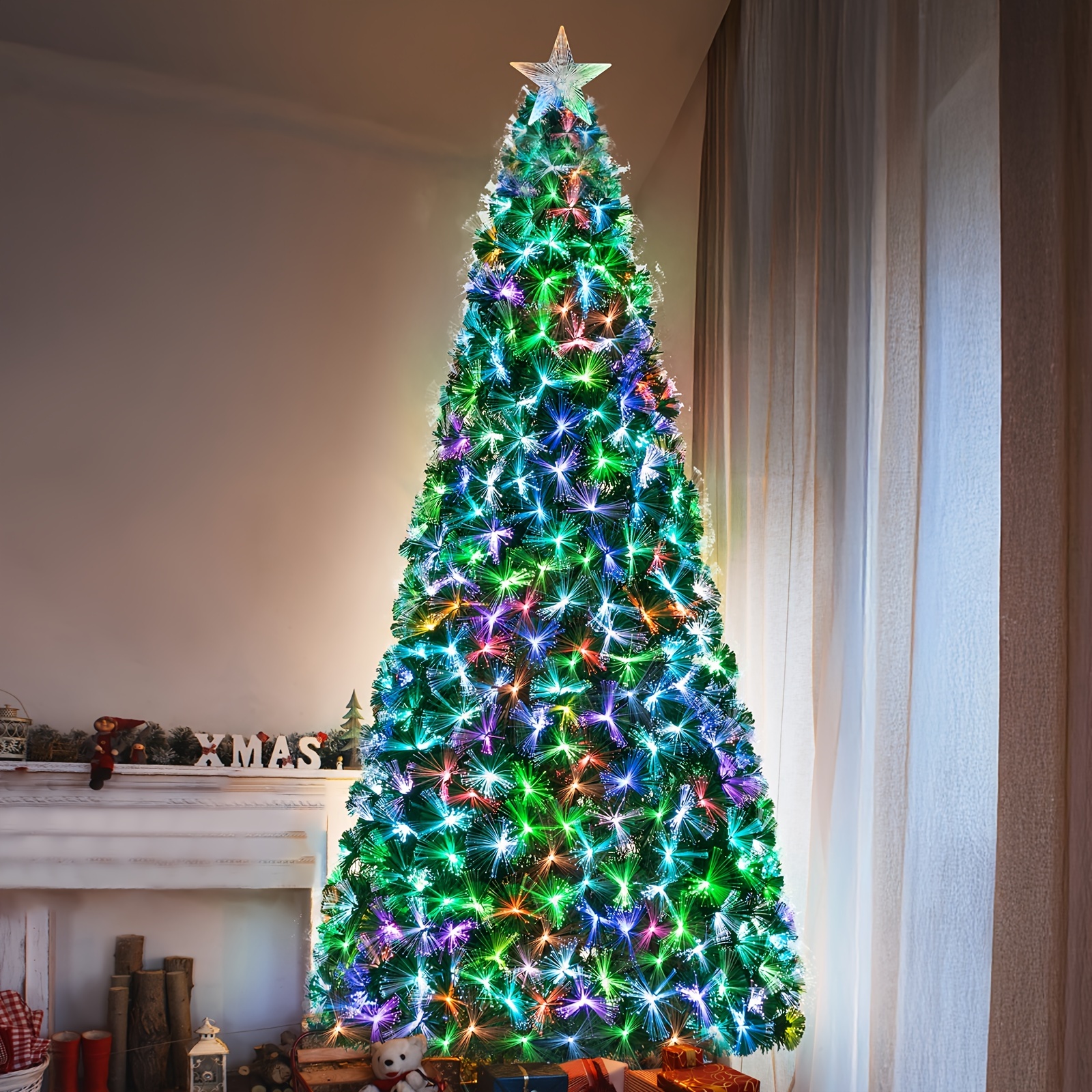 

6ft/8ft/9ft/10ft Fiber Optic Christmas Tree, Pre-lit Artificial Tree With Lights, , Foldable Metal Base And Branch Tips For Indoor Decoration