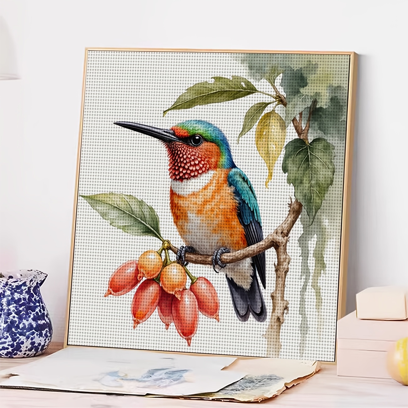 Frameless Cross Stitch Printed Kit, "Colorful Birds Perching on Branches" Pattern