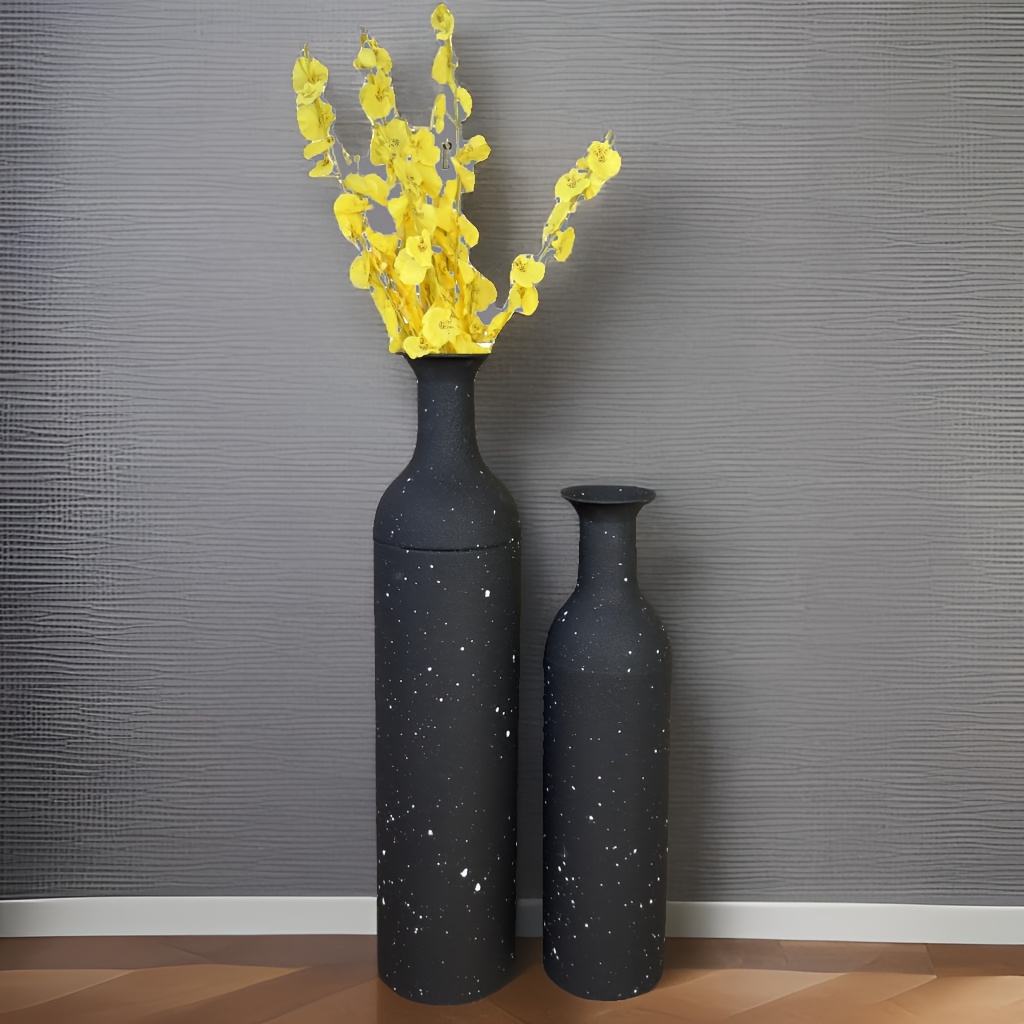 Image of Set Of 2 Tall Matte Metal Floor Vases 27"/22"- Minimalist Large Decorative Vases With Textured Marble-like Finish For & Dried Flowers, Living Room, Bedroom, Office Decor