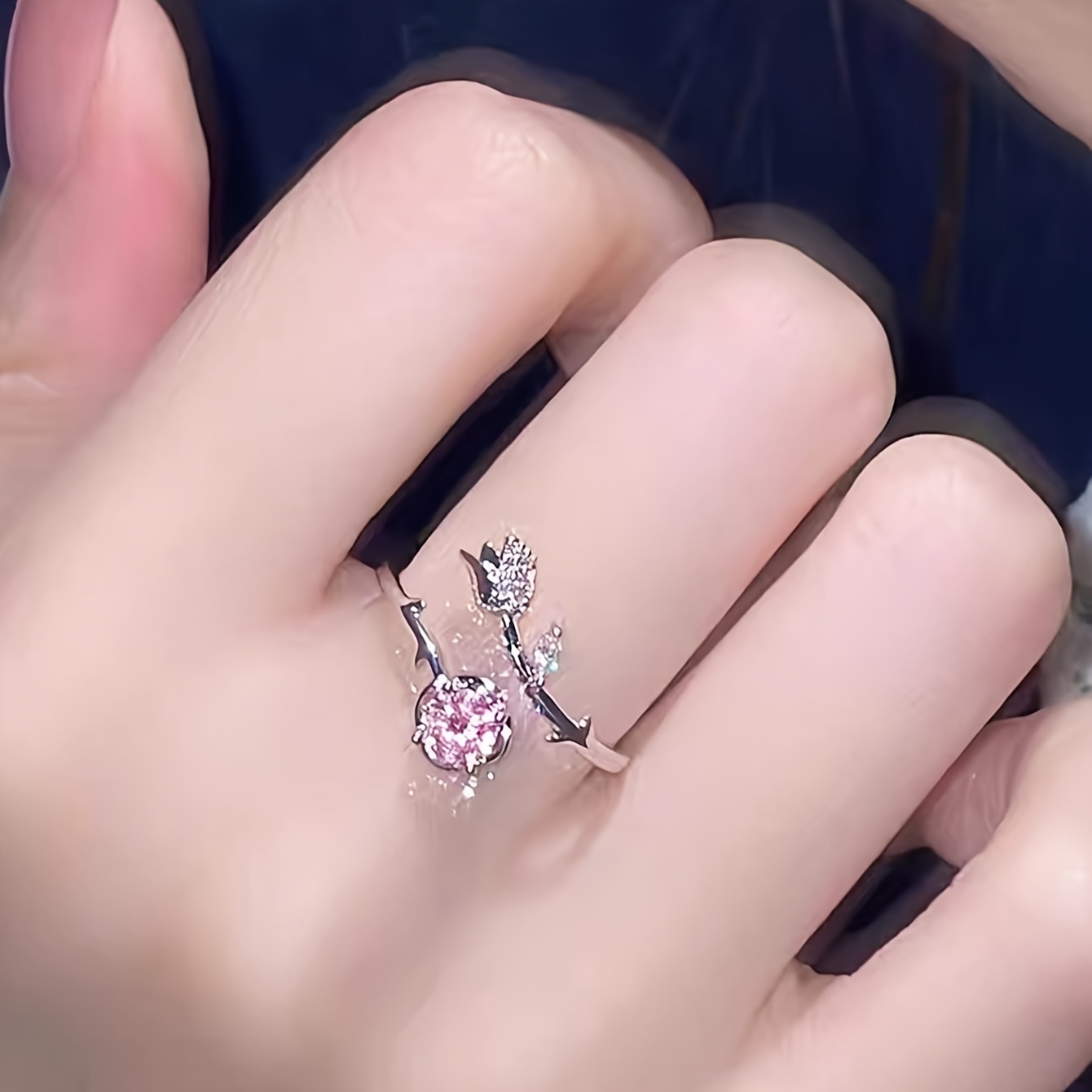 Women's Pink Dainty Adjustable Zirconia Rose Ring, Boho Style