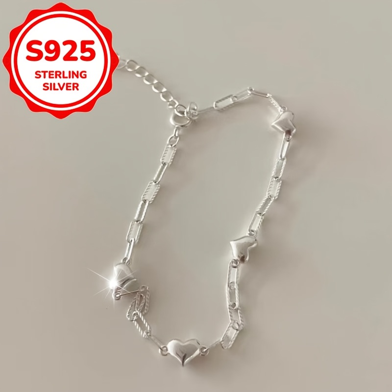 Women's S925 Pure Silver Glossy Heart Bracelet, Gift for Her