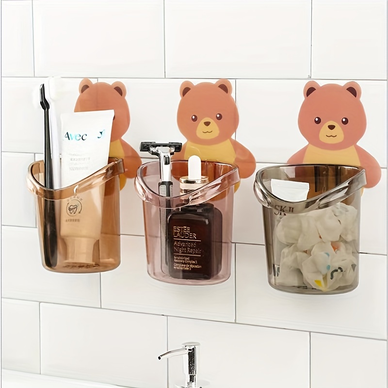 

3pcs Kitchen Toothbrush Cup Toothpaste Storage Rack Bathroom Free Punch Wall Hanging Drain Bear Storage Cup