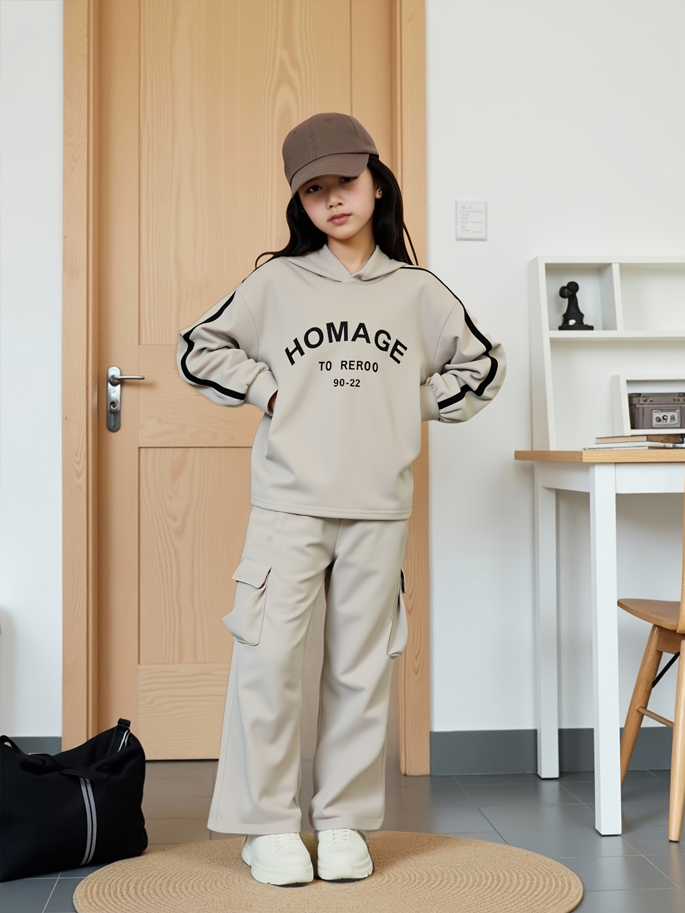 High-Rated Girls' Fashion Street Sweatshirt Set, Hooded Letter Print Double-Weave Short Sweatshirt + Cargo Straight Leg Pants with Side Pockets