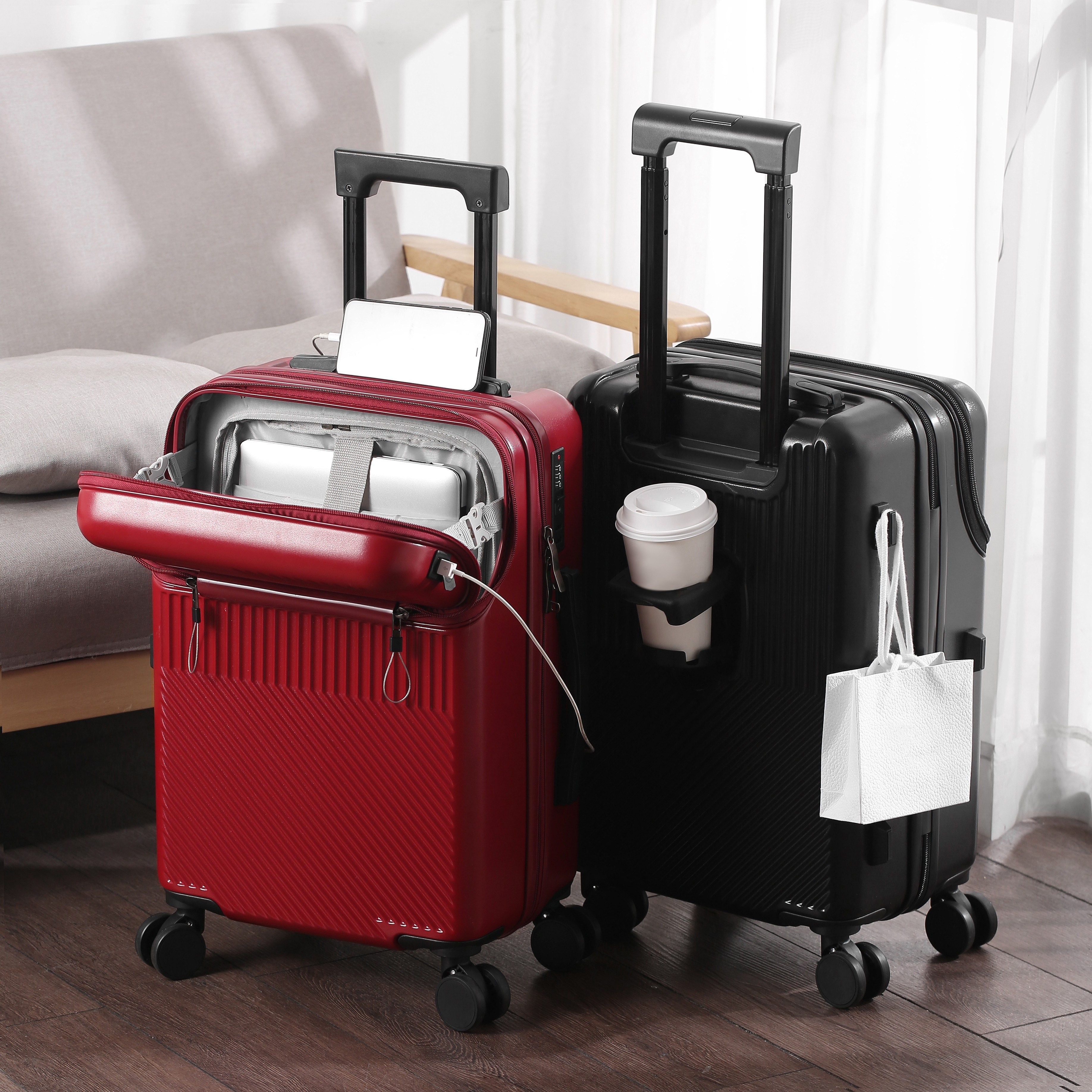 

Front Opening Suitcase Trolley Bag Cup Holder Model Suitcase Small Lightweight Bag 20 Inch Password Box Bag