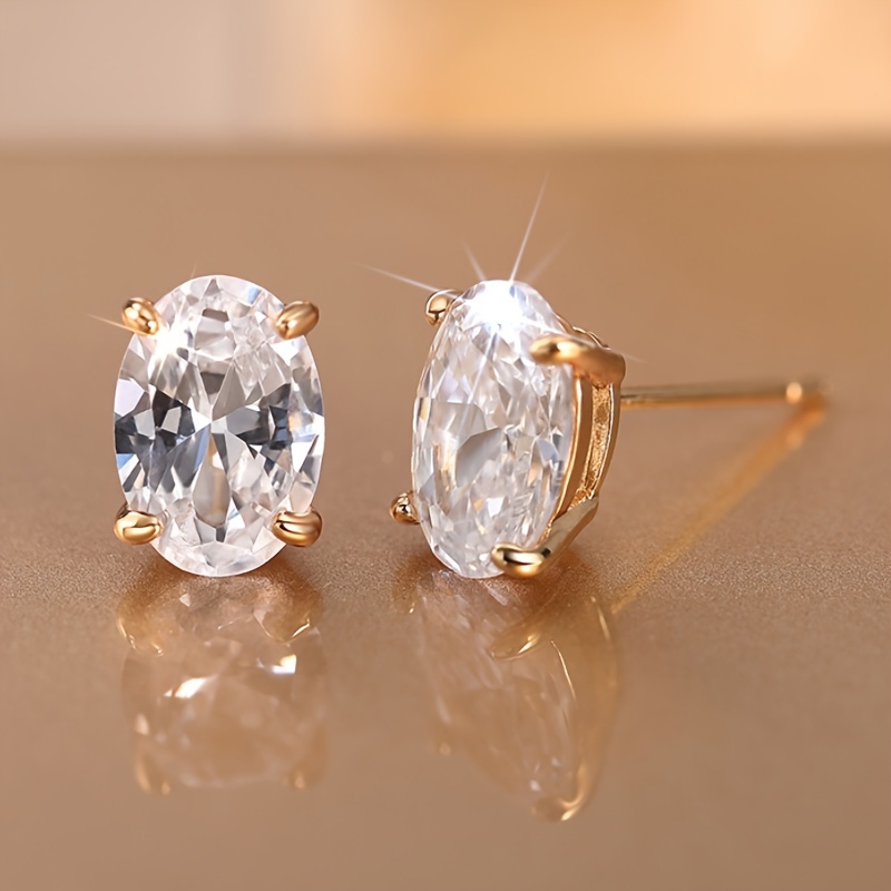 Image of Of Women's Fashionable Earrings, Exquisite Small Four-prong Set With Oval Synthetic Zirconia, Casual Everyday Accessory