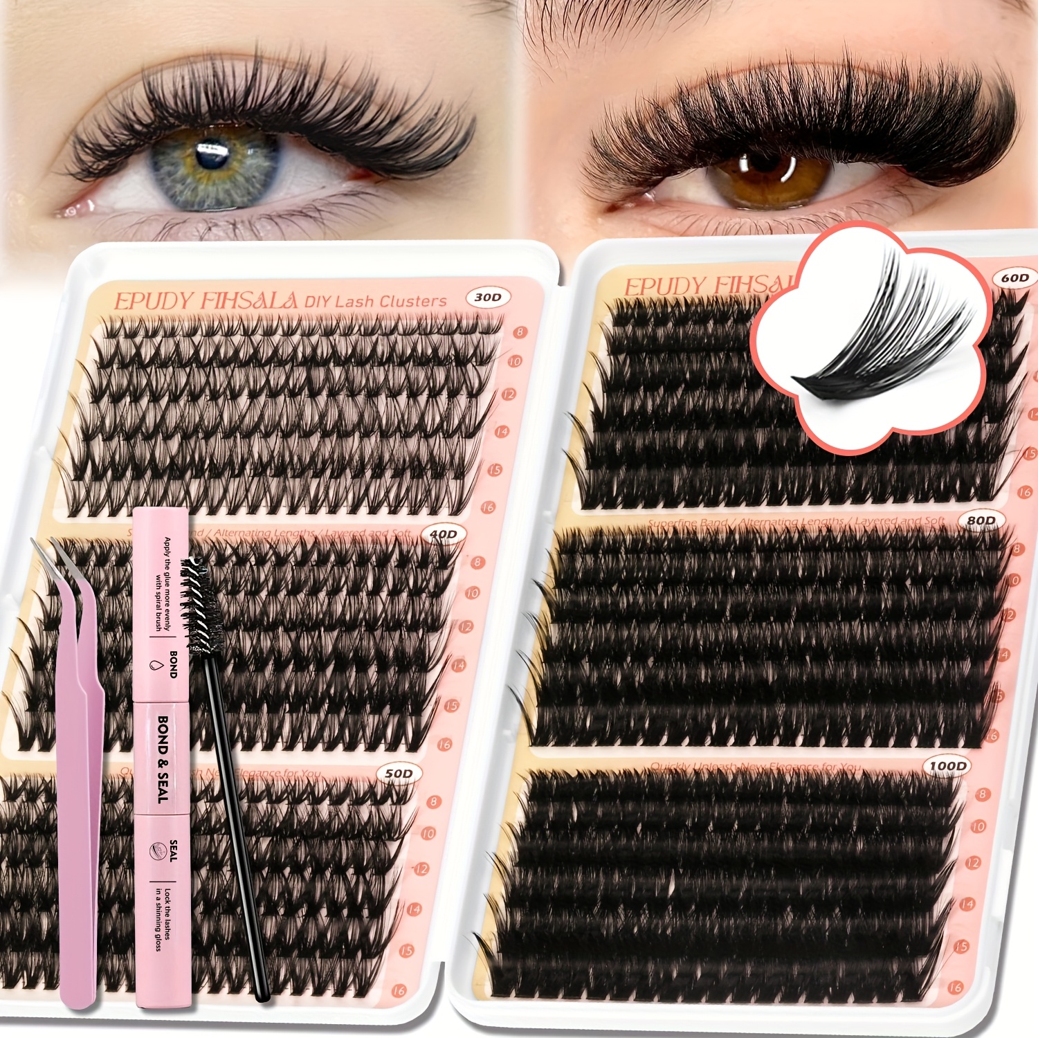 TEMU Lash Clusters Kit 708pcs 8-16mm Mixed 30d-100d Lashes Clusters Kit With Glue, Tweezers And Brush, Cluster Lashes For Dramatic Eye Makeup, Soft