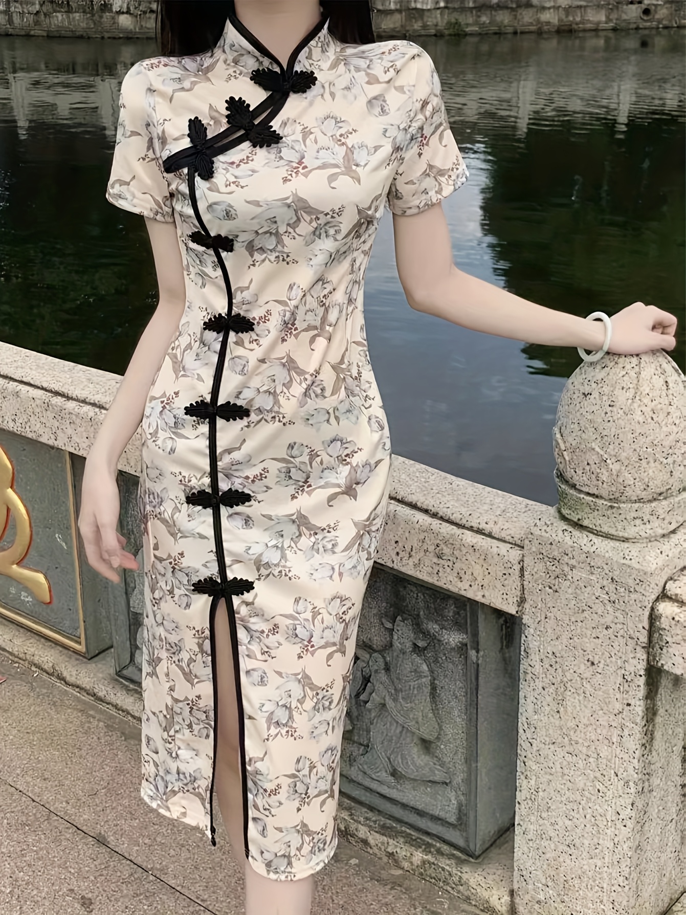 chinese style bodycon dress Floral Silk Bodycon Retro Cheongsam Chinese Dress Day Dress Knee Length / Beige / 6XL