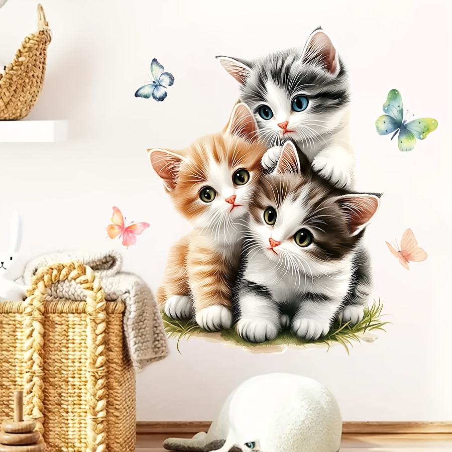 Image of 1pc Creative 3 Kittens Wall Sticker Pattern Self-adhesive Wall Stickers, Bedroom Bathroom Living Room Porch Home Decoration Wall Stickers, Removable Stickers, Wall Decor Decals