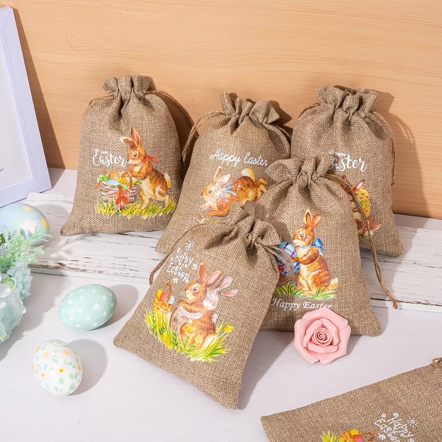 

18-pack Easter Burlap Gift Bags, 10x15cm Linen Drawstring Bags With , Rustic Favor Bags, Reusable Diy Craft Bags For Easter Gifts