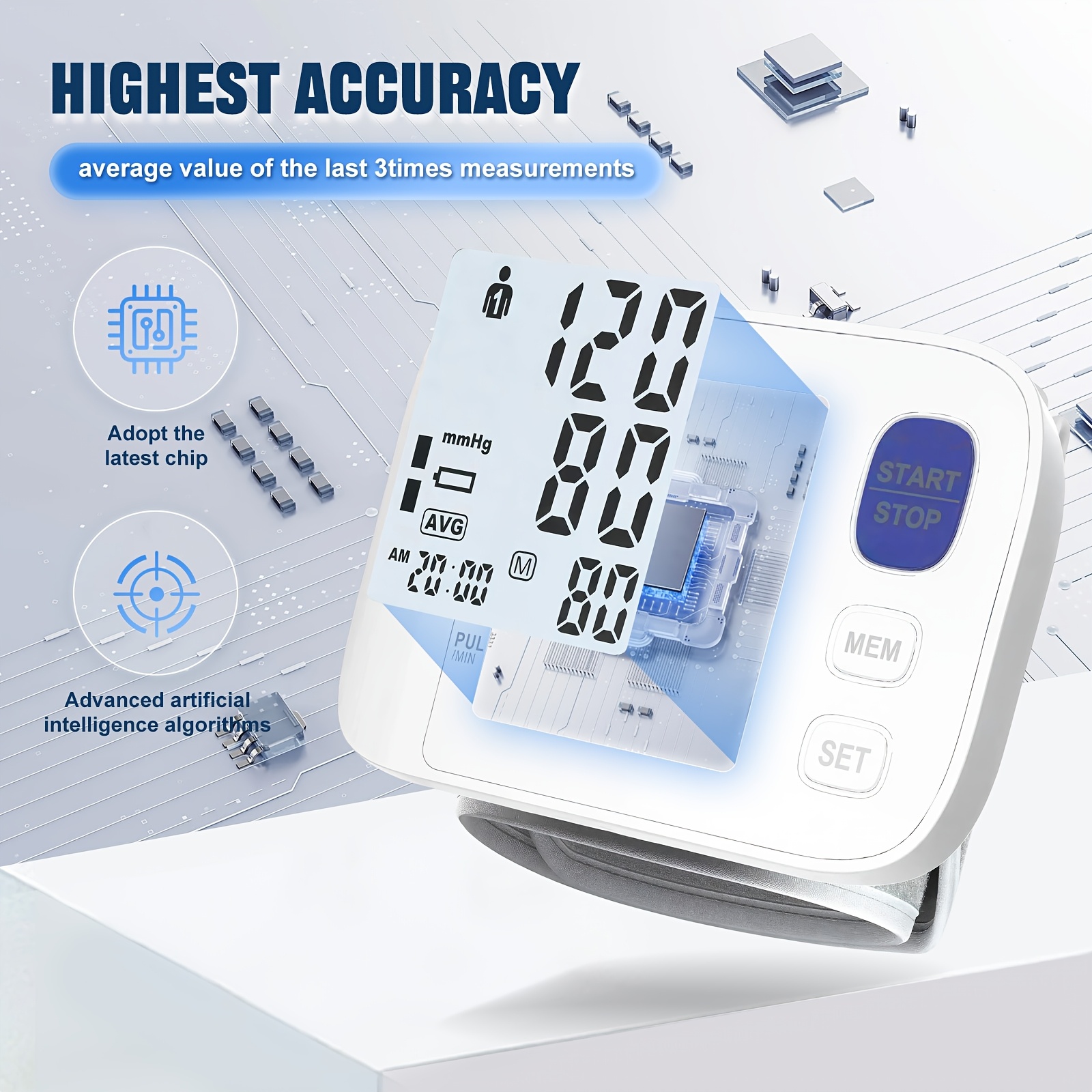 Wrist-type Blood Pressure Monitor, One-touch Measurement, Large LCD Display, Voice Prompts, Dual-user Memory, Lightweight And Portable, Specially Designed For Middle-aged And Elderly Users, Includes Cuff, Storage Pouch And Batteries.