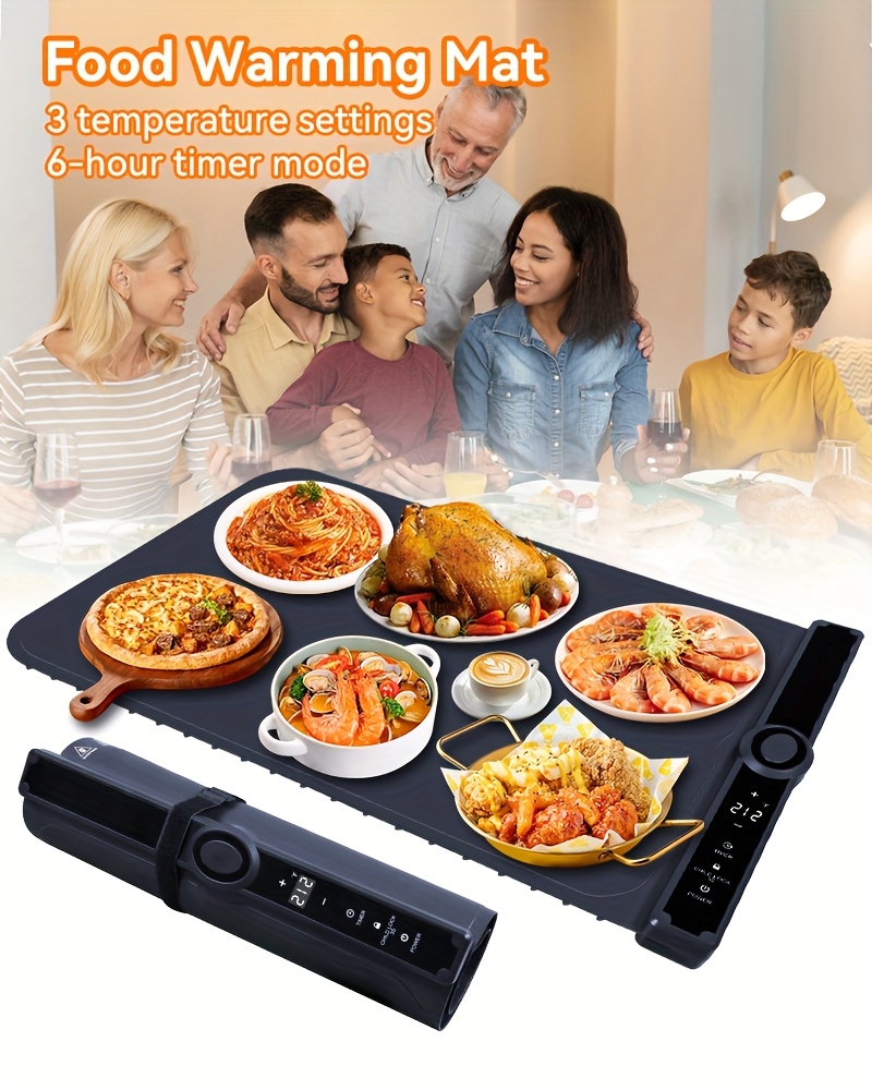 Food Warming Pad, Made Of Silicone, with 3 Temperature Levels And 6-hour Timing Function, Electric Heating Pad with Full Surface Rapid Heating Function, Foldable Food Warming Tray for Buffet Party Kitchen Countertop