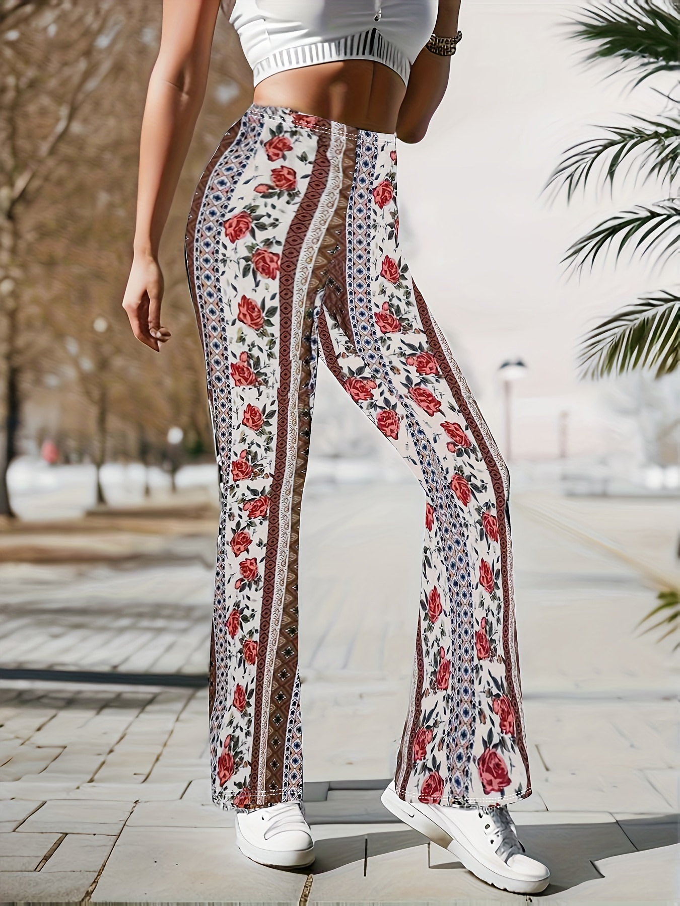 Boho Flare Pants, Elastic Waist Wide Leg Pants for Women Summer Printed  Stretchy Soft Casual Comfy Slim Trousers
