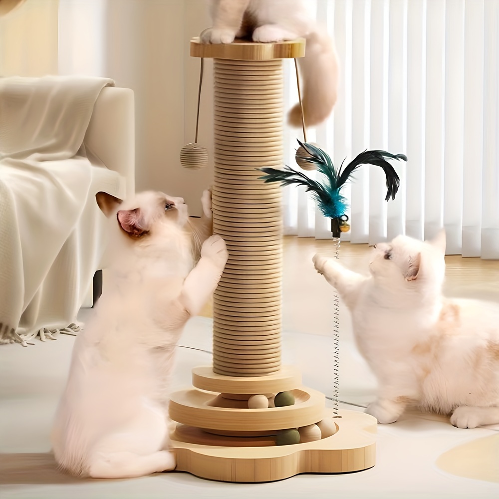 

-resistant Wooden Cat Scratching Pillar, With Scratching Post, Teaser Stick, 2 Balls And Scratching Board, And Non-shedding Interactive Cat Toy With Base, Suitable For Cats