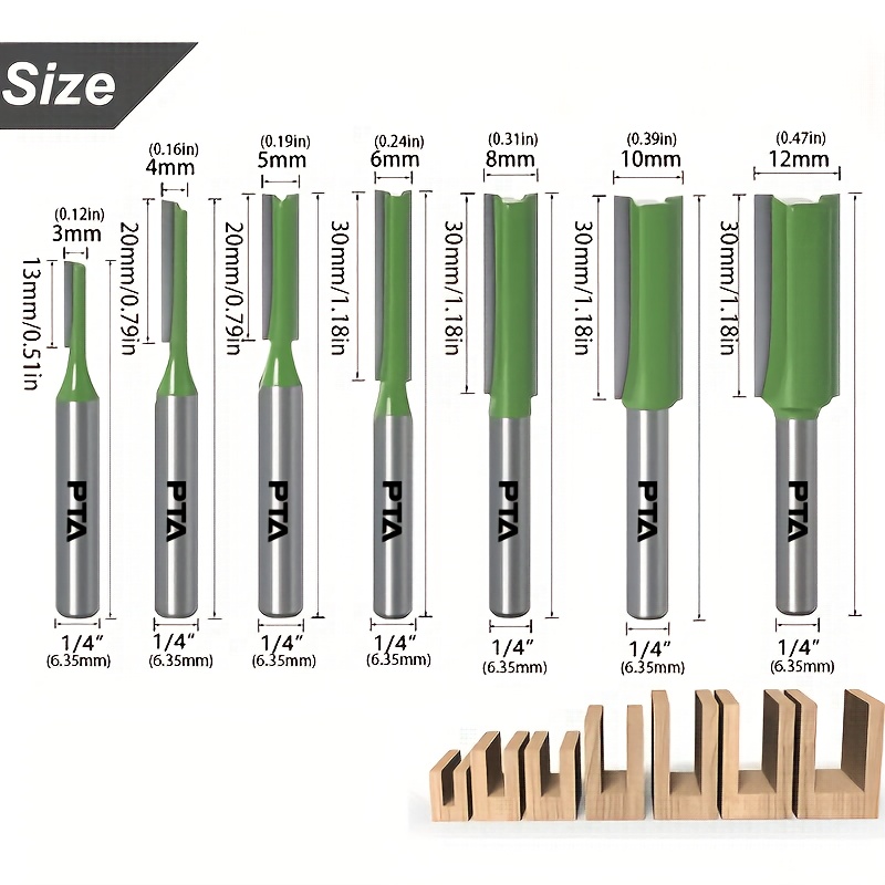 Image of 7pcs 1/4" Shank Carbide Double&single Flute Straight Router Bit Set, 3/4/5/6/8/10/12mm Cutting Diameter Straight Bit Milling Cutter For Woodworking