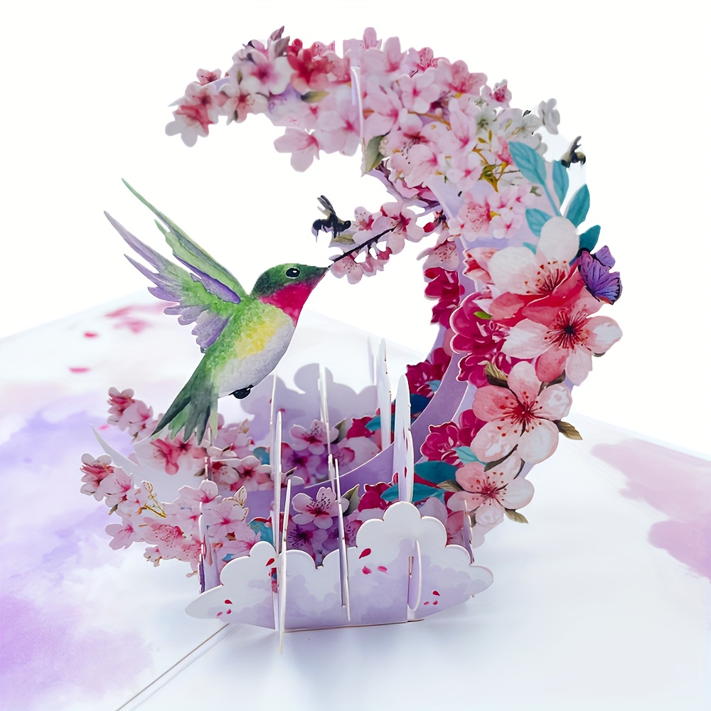 E-shop Elegante Kolibri & Blumen 3D Pop-Up Grußkarte mit Umschlag - Kirschblüten & Prunkwinde Design, für Valentinstag, Muttertag, Geburtstage,