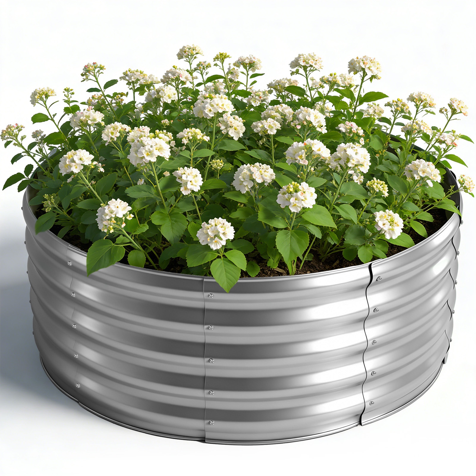 Image of Modern Round Metal Garden Planter, Suitable For Outdoor Vegetables, Herbs, And Flowers - Durable Painted , Perfect For Patio And Courtyard Gardening.