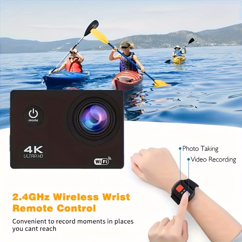4k运动相机,带32g内存卡,预录制wifi摄像头170°遥控运动相机配备头盔安装套件,适合初学者拍照和录视频,圣诞节、节日、新年礼物 商品详情 1