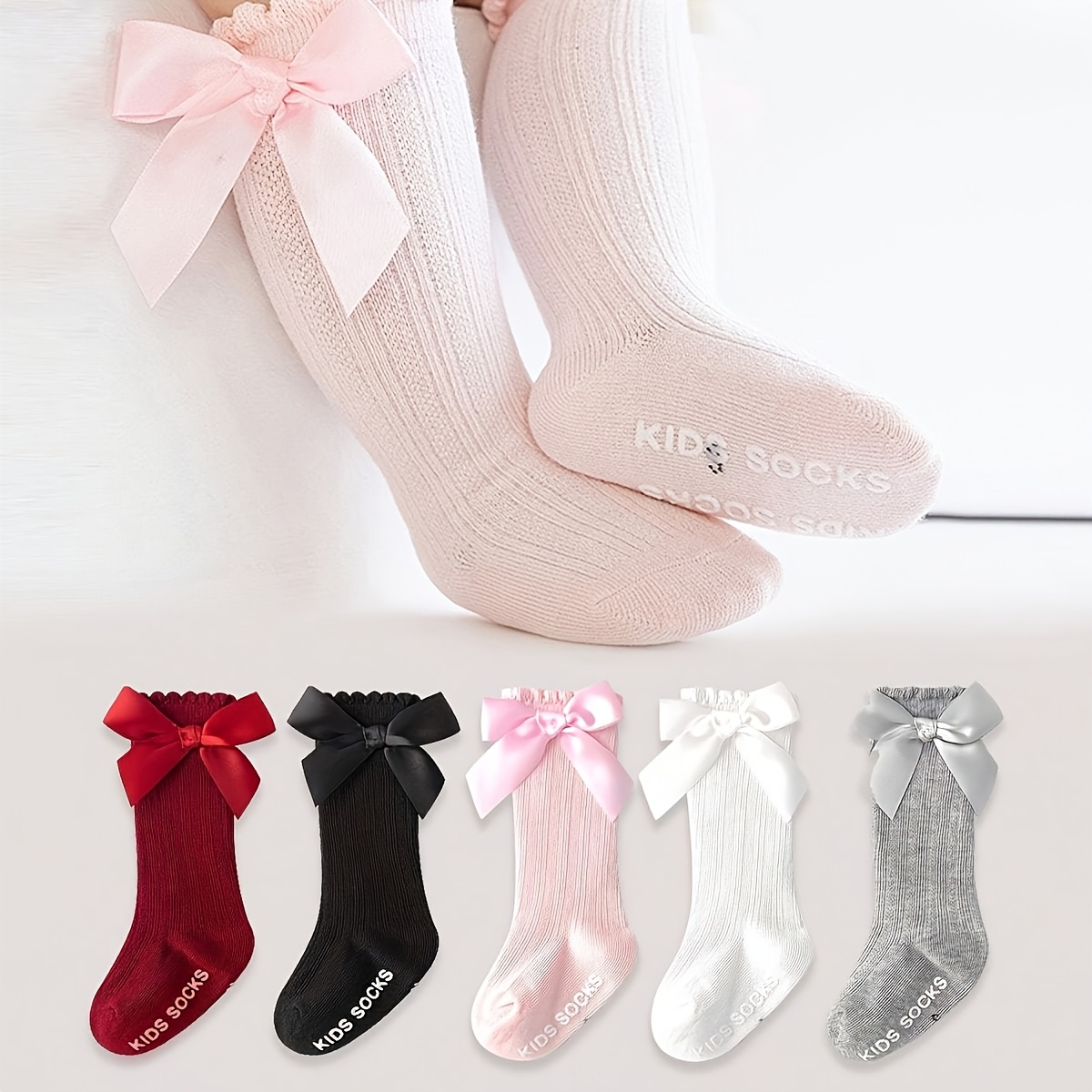 Image of 5-pair Cute Girl's Knee-high Socks With Bows, Breathable And Soft Children's Socks, Dot-grip Anti-slip Socks, Kids' Princess Socks