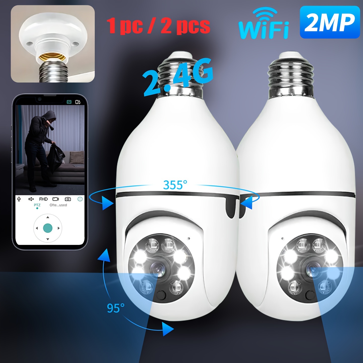 

1pc/2pcs Wireless 2.4ghz 2k Hd Cameras , 360° For , Detection And Alarm, , , Phone App