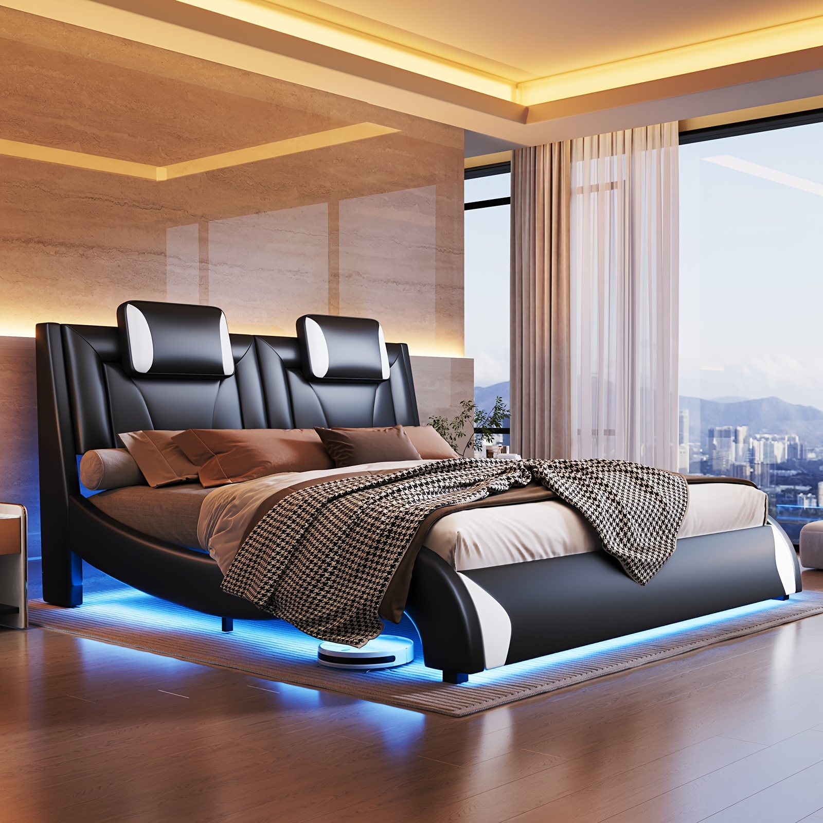 TEMU Functionality: Papajet Bed Frame With Built-in Led Lights, Faux Leather Upholstery, And Wave-shaped , Spring Required