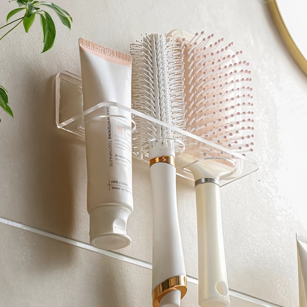 

1pc Acrylic Plastic Bathroom Comb Holder, Wall-mounted No-drill Storage Rack For Vanity, Clear Transparent Organizer For Hair Brushes And Toiletries, 6.89in Length