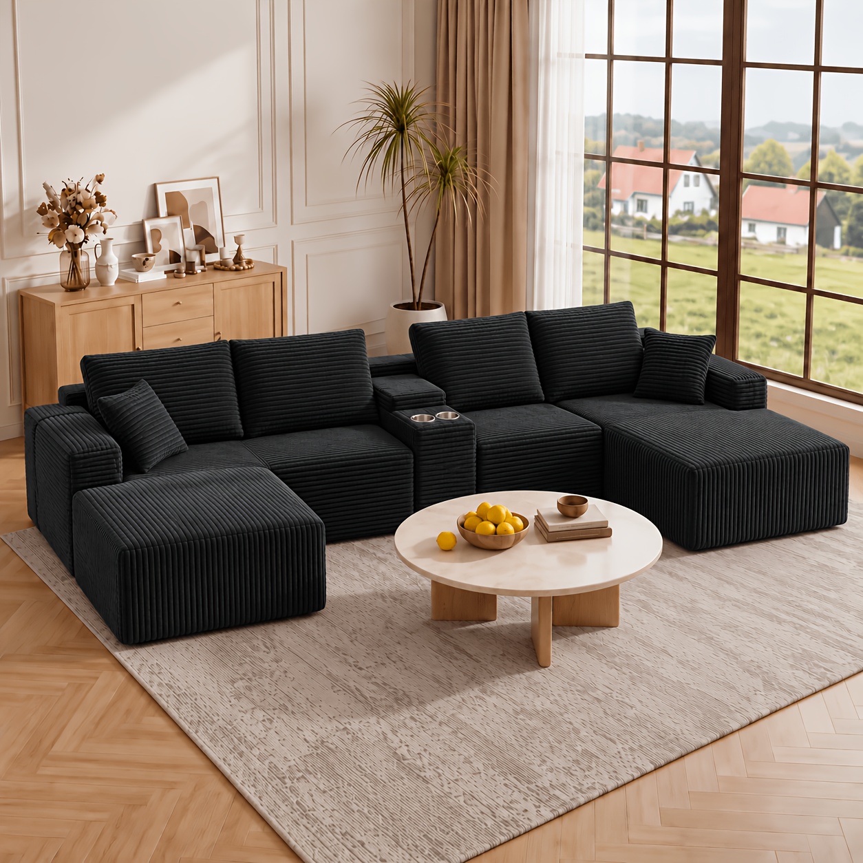 Image of U-shaped , Oversized Plush Deep Seat Sofa With Cup Holders, Thick And Plush Backrest Cushion, Convertible Large U-shaped Sofa, Suitable For Living Rooms And Apartments