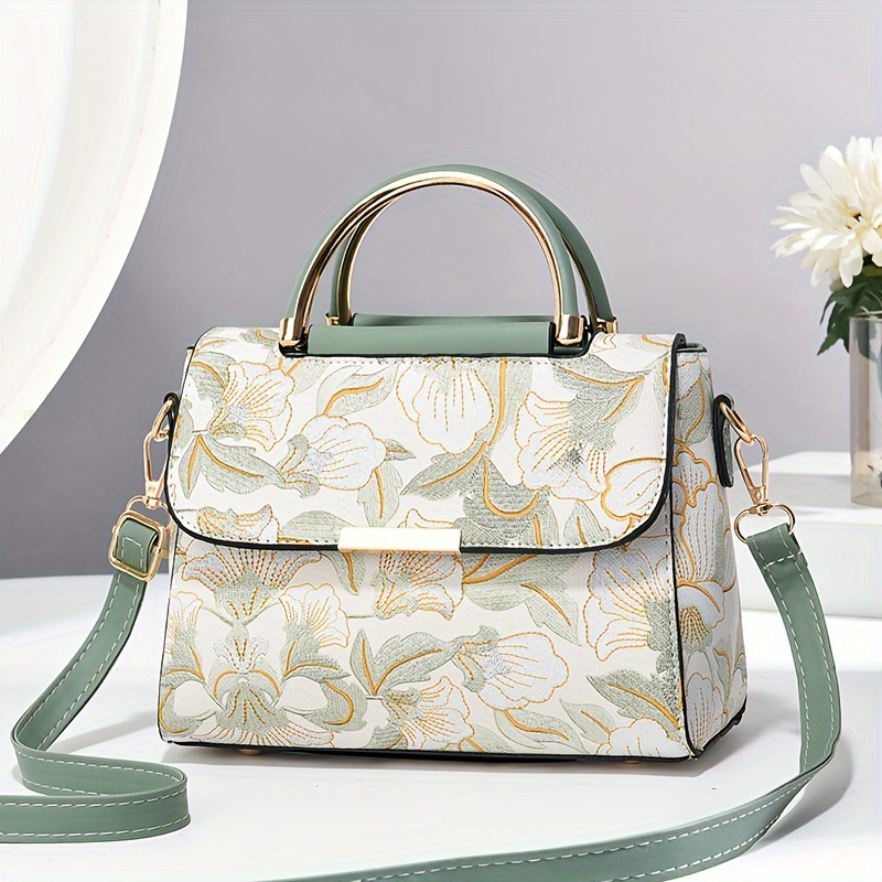 TEMU Print Large Crossbody Bag, Fashionable Tote, Women's Shoulder Handbag, , Zip Closure, Lining, Embroidery , Available , Beige, , Khaki, Green