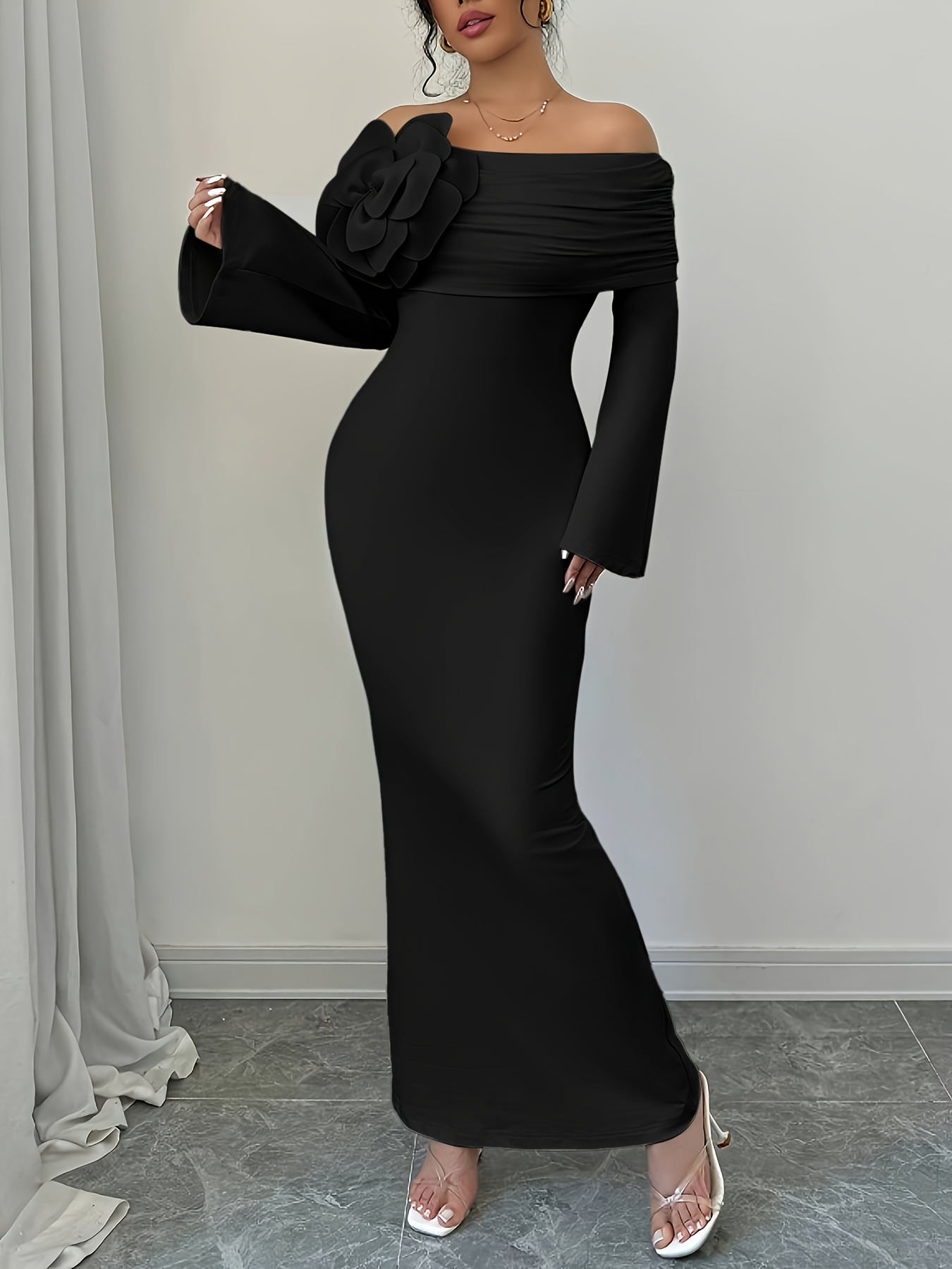 black off the shoulder long sleeve bodycon dress Black Long Sleeve Bodycon Mini Dress