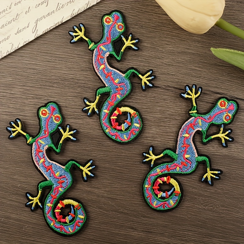 TEMU 3 pièces Patch en tissu multicolore motif Gecko, broderie, ajouts de vêtements, style dessin animé anime, style de repassage, patches de couture