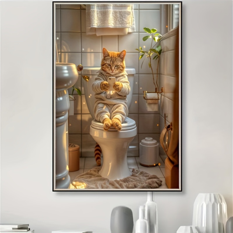 

Diy Diamond Painting Kit For Adults - , Cat On Toilet , Art For Decor - For Bedroom, , Study & Bathroom - , , 12"x16