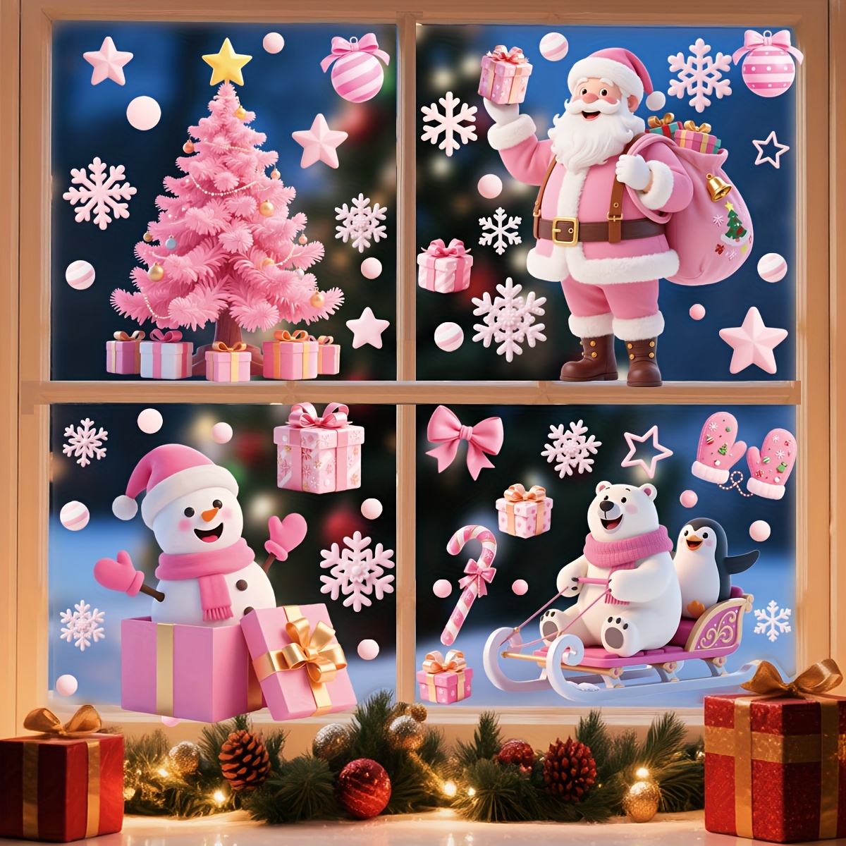 Image of Christmas Window Clings Stickers For Glass, Pink Decals Christmas Decorations Indoor Outdoor Holiday Decals For Party