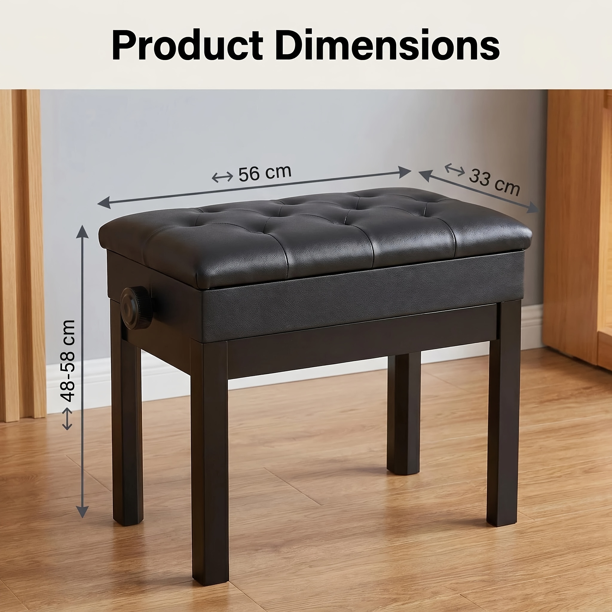 Piano Stool, Keyboard Instrument Stool, Height Adjustable 48-58cm, Pu Leather Cushion, Storage Stool, 56x33cm, Shoe Changing Stool, Entryway Stool