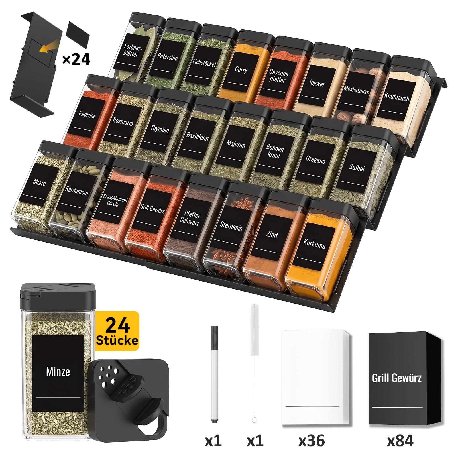 Spice Jar + Spice Storage Combination Set, Spice Rack Drawer Organizer, 24 Spice Jars + 24 Spice Racks, Stickers, Suitable For All Drawers, Kitchen Spices, Condiments Storage