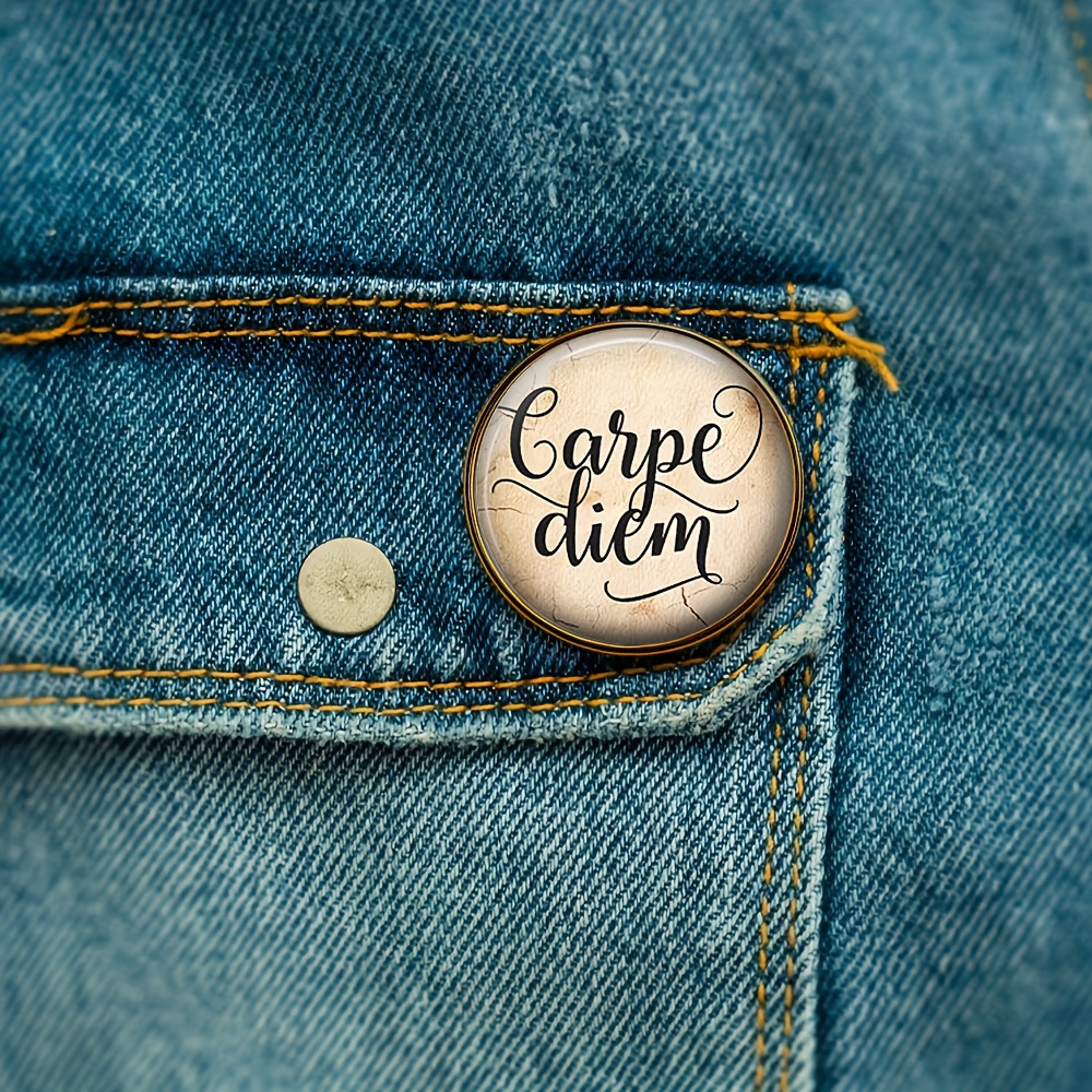 Vintage 'Carpe Diem' Round Brooch Pin, Classic Brown