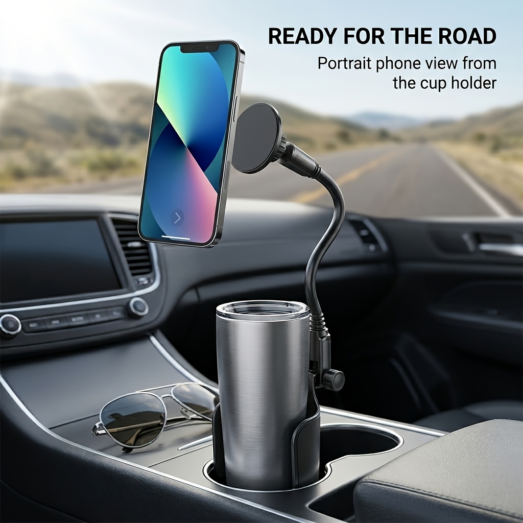 TEMU Support de téléphone magnétique pour porte-gobelet de voiture, support de téléphone portable 2-en-1 pour voiture avec bras flexible télescopique