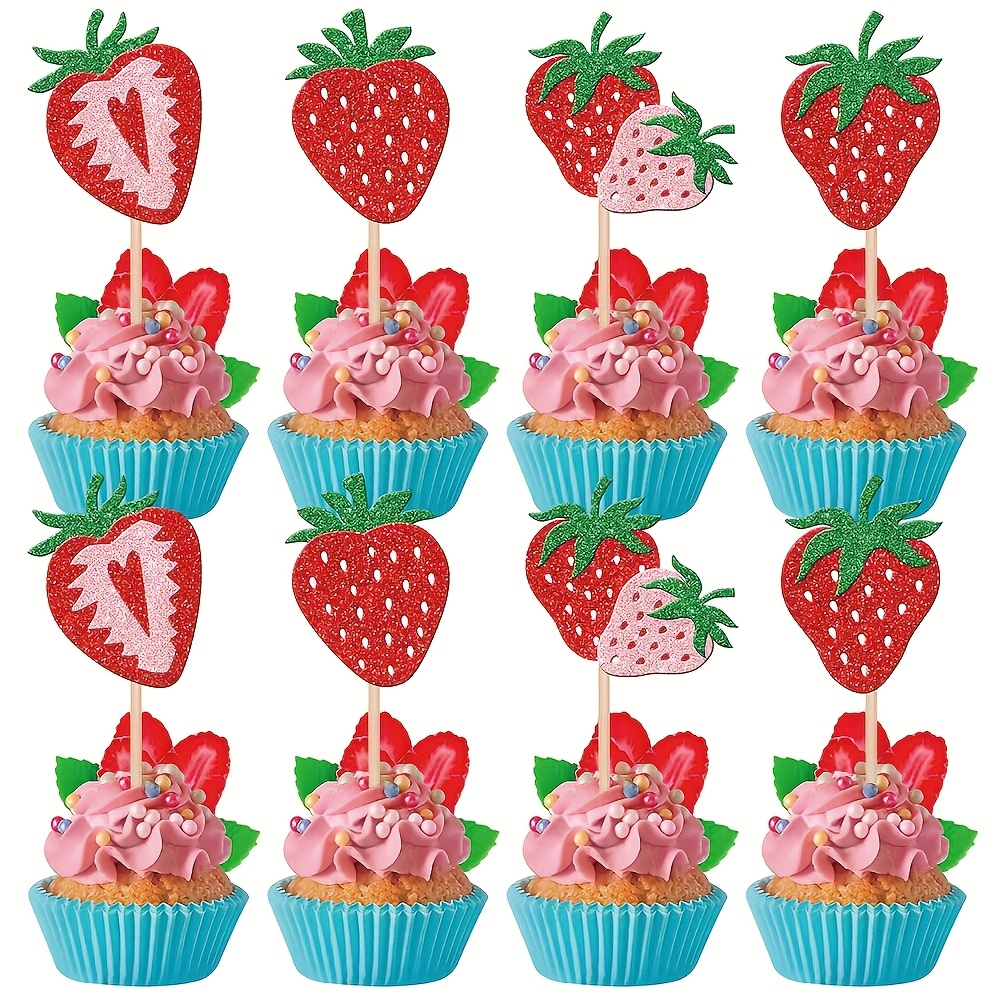Image of 12pcs Strawberry Cupcake Toppers Glitter Theme Birthday Cake Picks, Festive Party Birthday Supplies, Cake Decorations, Cute Fruit Cupcake Toppers For And Adults, Cake Toppers
