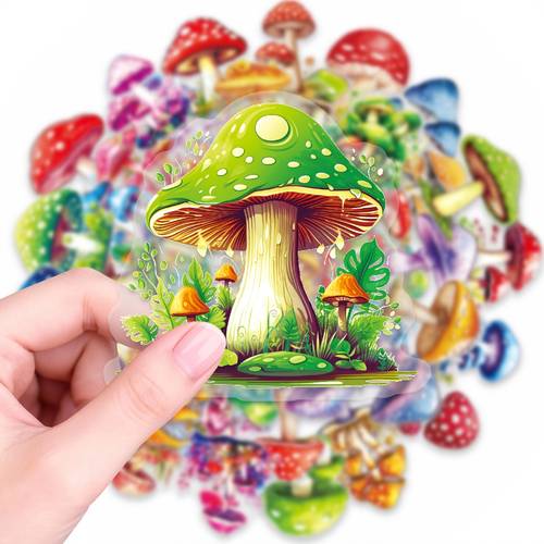 50 assorted colorful mushroom stickers made of pet transparent material decorating fantasy forest themes suitable for scrapbooking handmade albums and gift wrapping