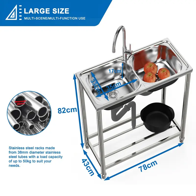 grösse: 78x43x82cm freistehendes waschbecken, 2 waschbecken, badezimmer-waschbecken, waschbecken mit heiß- und kaltwasserhahn, für küche, außenbereich, camping, garten, garage Produktdetails 6