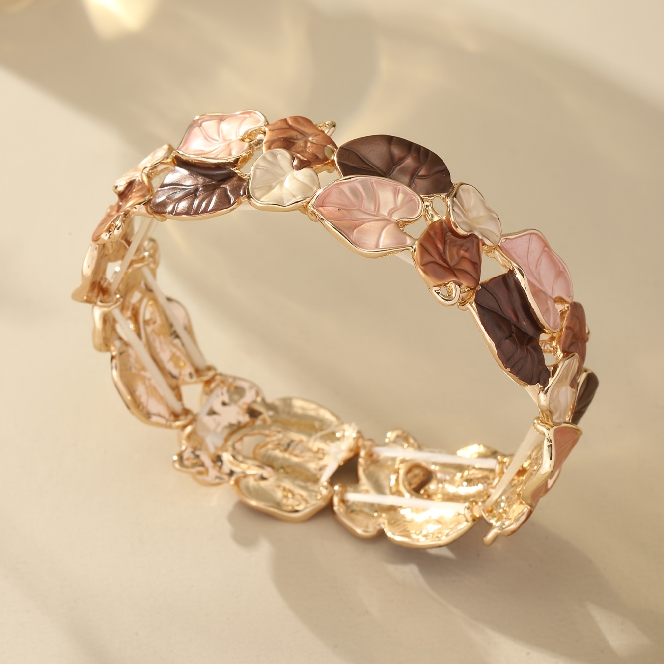 Image of Elegant Vintage-inspired Stretch Bracelet With Enamel Leaf Design - Alloy, Perfect For Daily Wear & Gifting On Valentine's Day Or Mother's Day