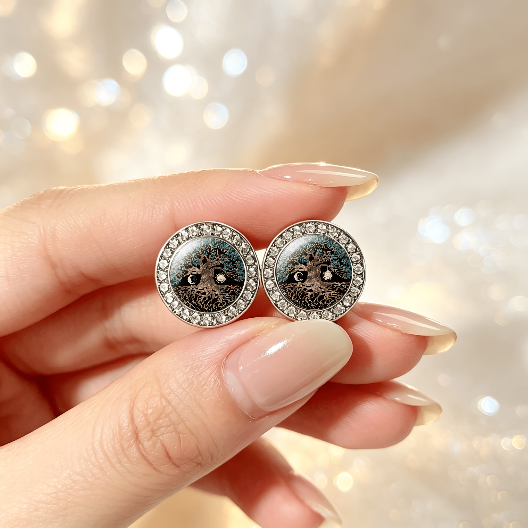 Classic White Glass Stud Earrings, Nature Cycle Symbol